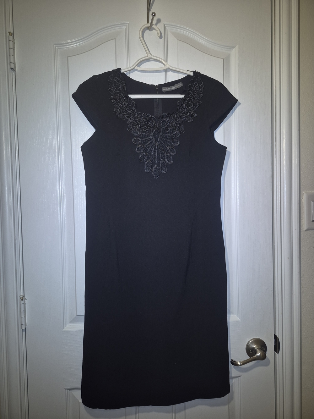Black Cap-Sleeve Midi Dress with Embroidered V-Neck